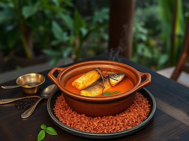 Traditional terracotta slow-cooked heirloom dish in outdoor rainforest setting, aromatic steam rising, earthen table setting with wild herbs and brass tableware