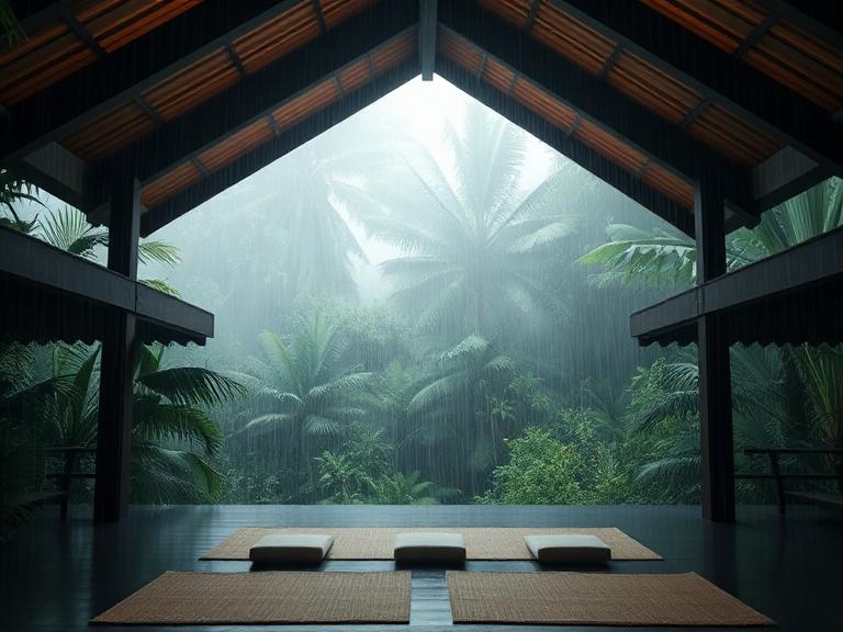 Covered timber veranda surrounded by the rainforest