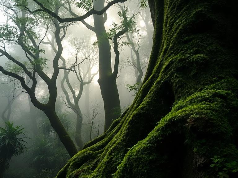 Rainforest canopy covered in monsoon mist in the Western Ghats