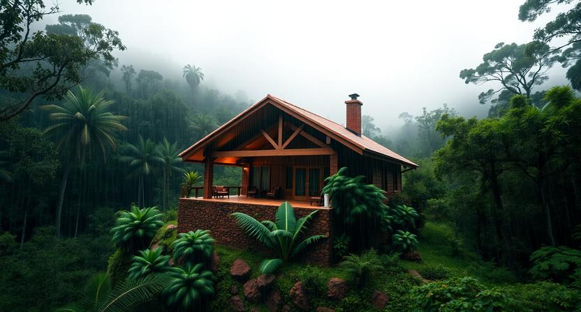 Monsoon House pavilion enveloped in misty rainforest