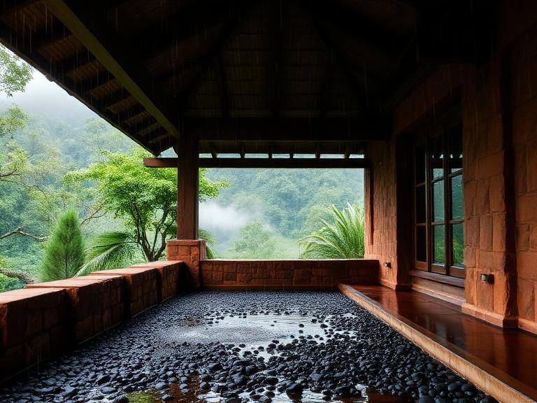 Open-air covered veranda with laterite wall and rain dropping on basalt pebbles