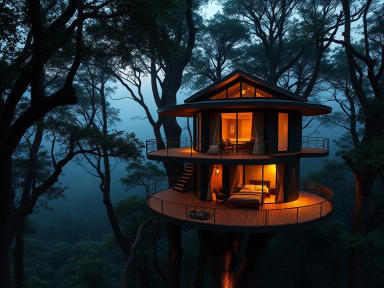 Canopy house set amidst towering rainforest trees with wraparound deck