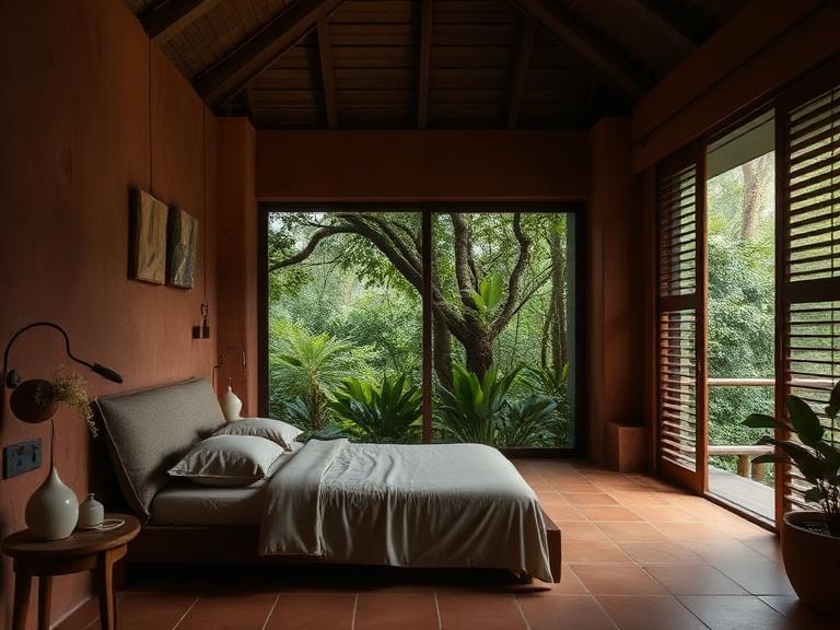 Forest room at luxury rainforest retreat, ground level view with ferns, clay tiled floors, natural linen bedding, sliding timber screens