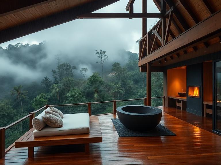 The Monsoon Suite with daybed on veranda looking out over mist covered canopy