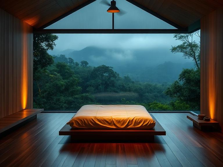 Timber sleep chamber inside the Monsoon House suite surrounded by rainforest