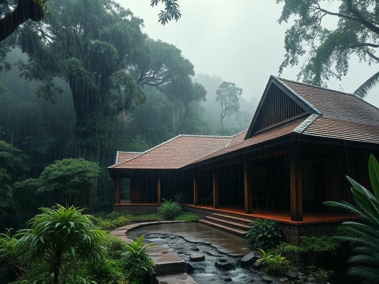 Heavy monsoon rain falling through the Western Ghats rainforest